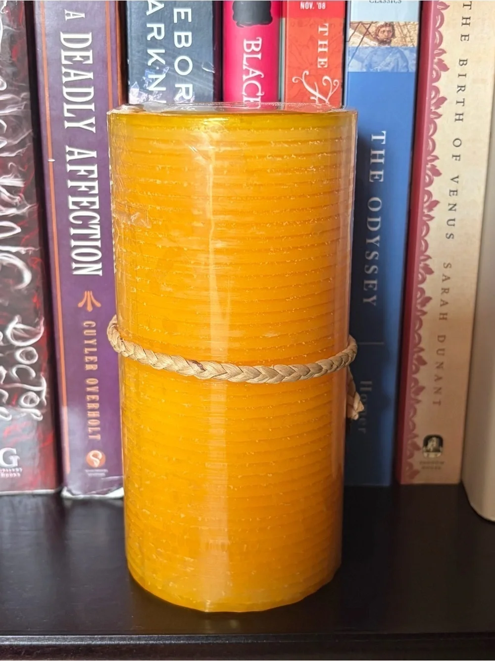 Yellow Decorative Pillar Candle with Leaf Charm